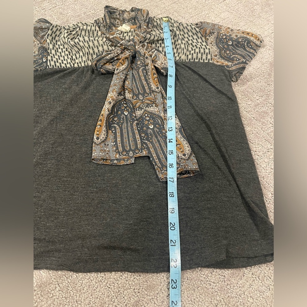 Anthropologie Tiny Joy Tie-Neck Mixed Print Top - Gray/Blue, Short Sleeve, XS - Picture 9 of 14